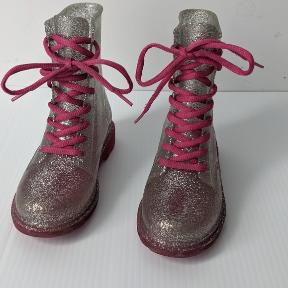Girls Sparkle Rain Combat Style Boots with pink Laces - Sz. 11-12 - Picture 3 of 8